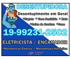 19-992312502 Desentupidora, Eletricista, Encanador em Mansões Santo Antonio em Campinas