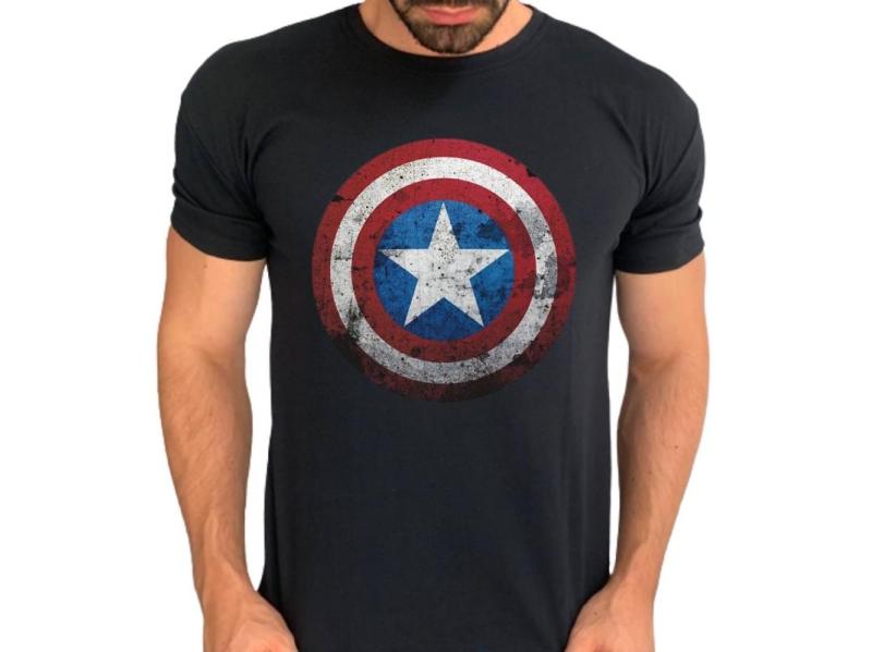 Camiseta Capitão América Preta Estampada 100% Algodão
