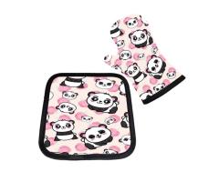 Kit Luva de cozinha Forno e Apoio de Panela Estampa Panda Rosa